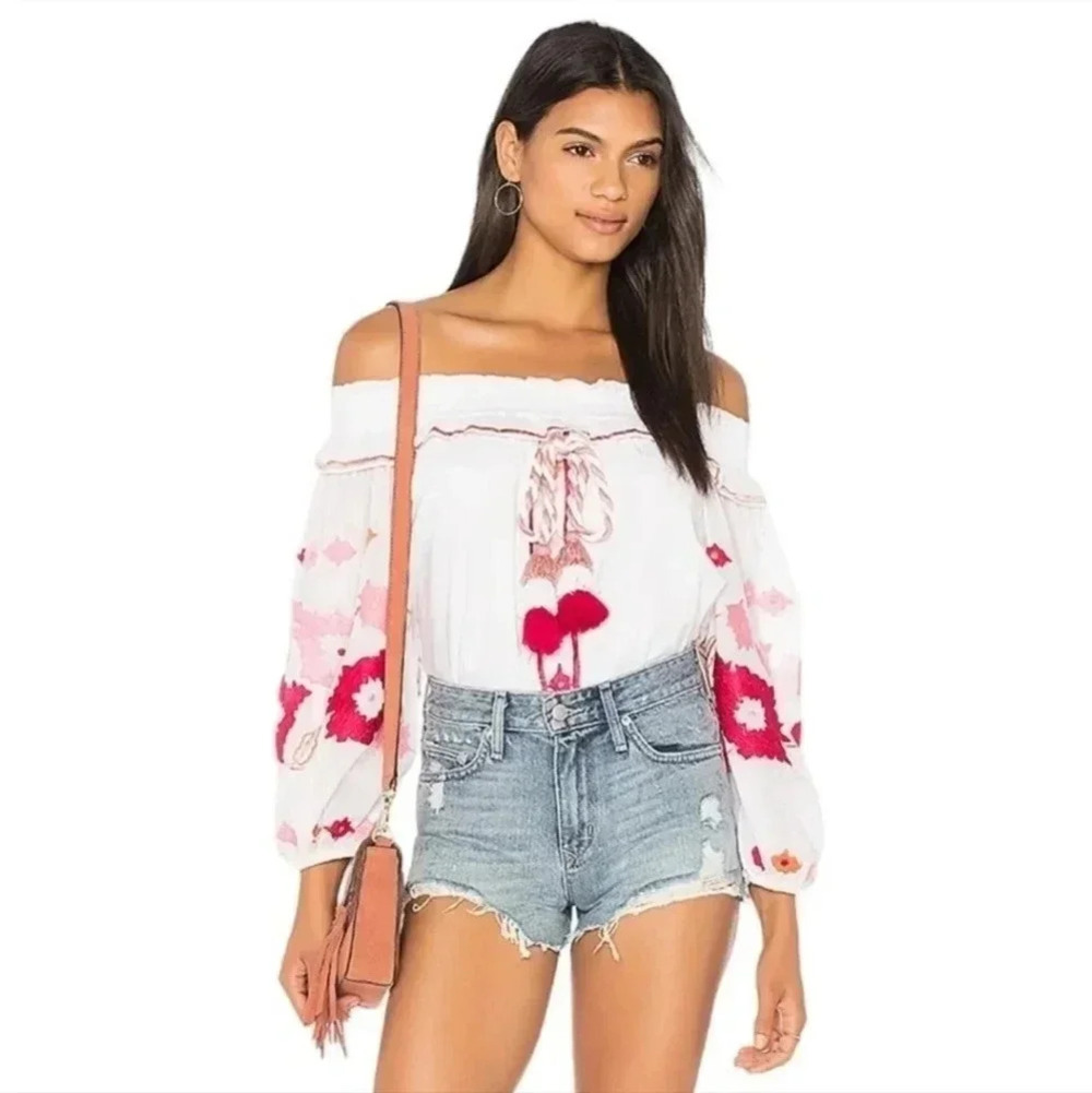 MISA Los Angeles Selena Embroidered Off the Shoulder White Multicolored Top(XS)
